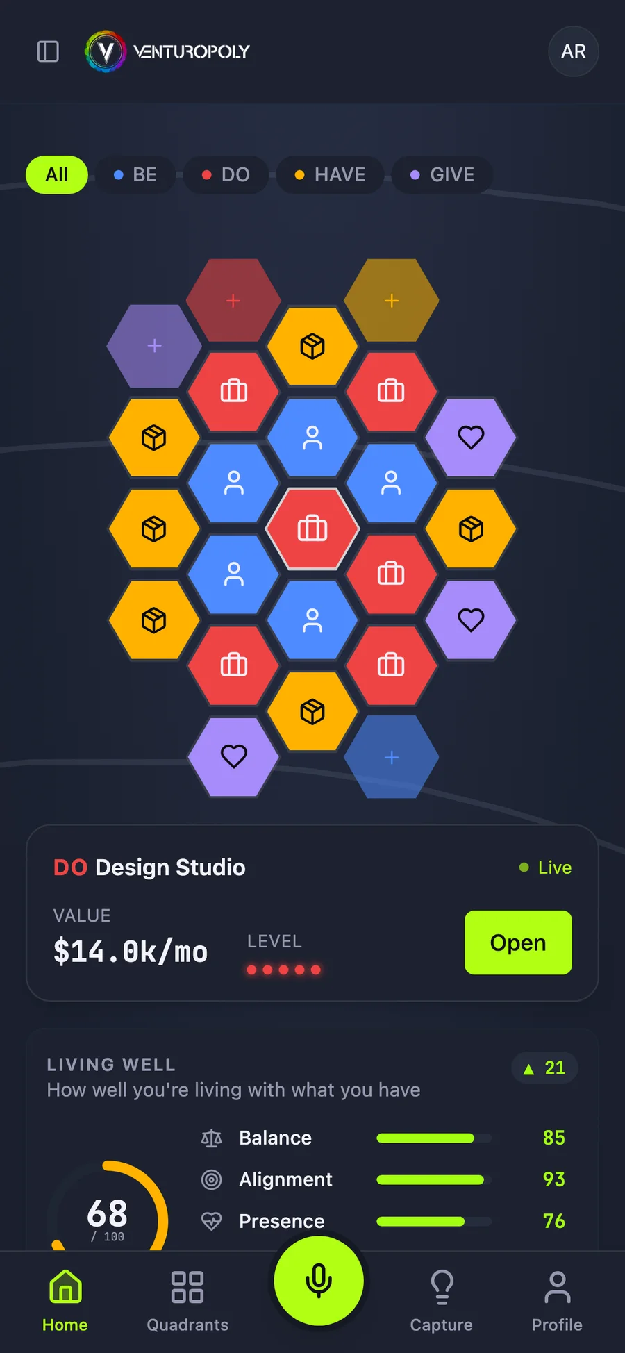 Venturopoly dashboard showing the life honeycomb, a selected venture and the Living Well index